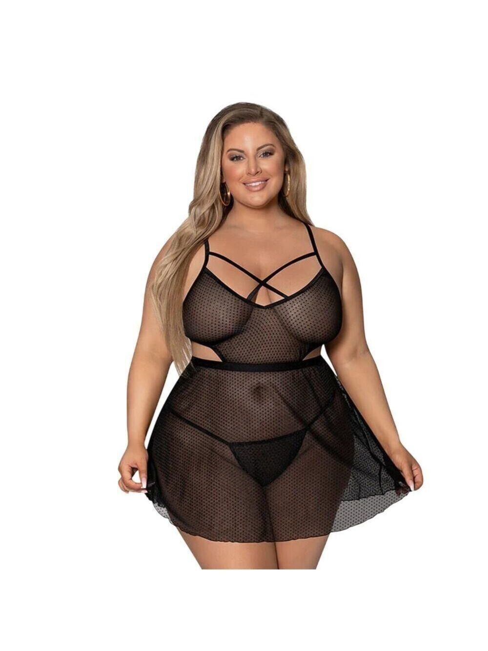 NEW! PLUS SIZE LINGERIE 1X-3X BABYDOLL CROTCHLESS PANTY SET BLACK GIRL NEXT DOOR